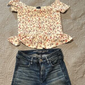 American Eagle Outfitters Cream Floral Smocked Peplum Top